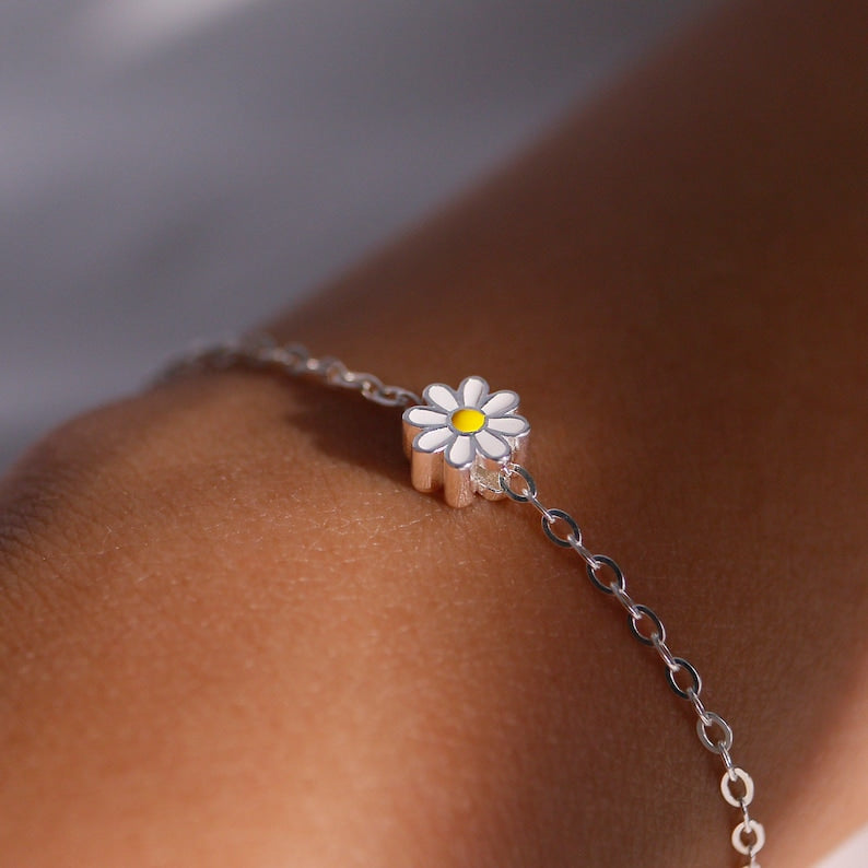 Sterling Silver Daisy Bracelet: Dainty 925 Flower Charm