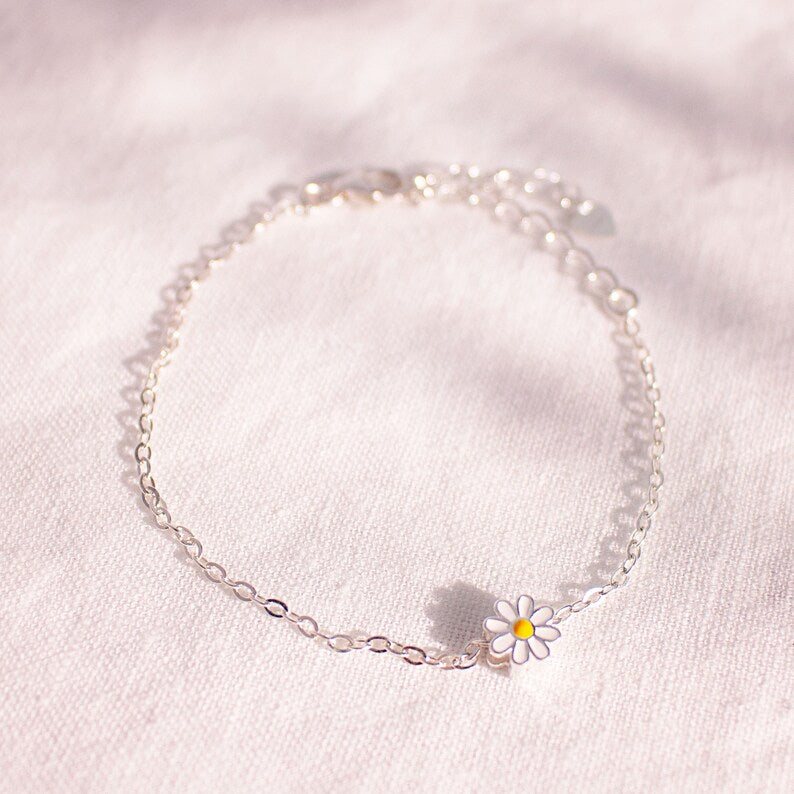 Sterling Silver Daisy Bracelet: Dainty 925 Flower Charm