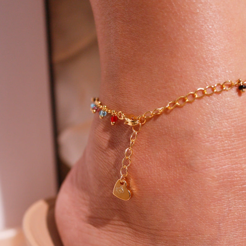 Colorful Beaded Anklet: Trendy Brass Charm Ankle Bracelet