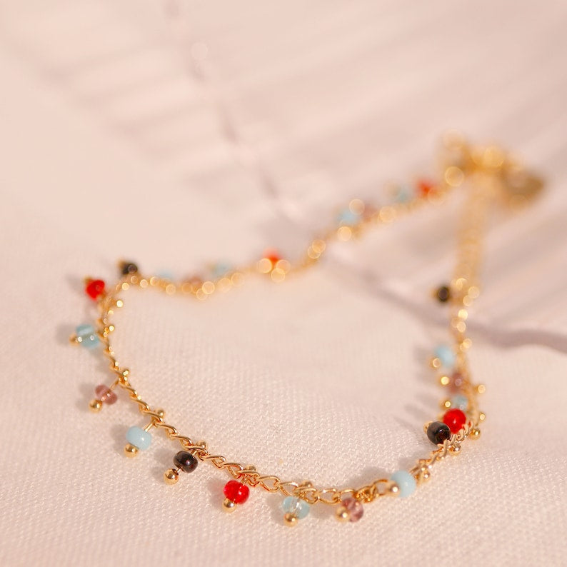 Colorful Beaded Anklet: Trendy Brass Charm Ankle Bracelet