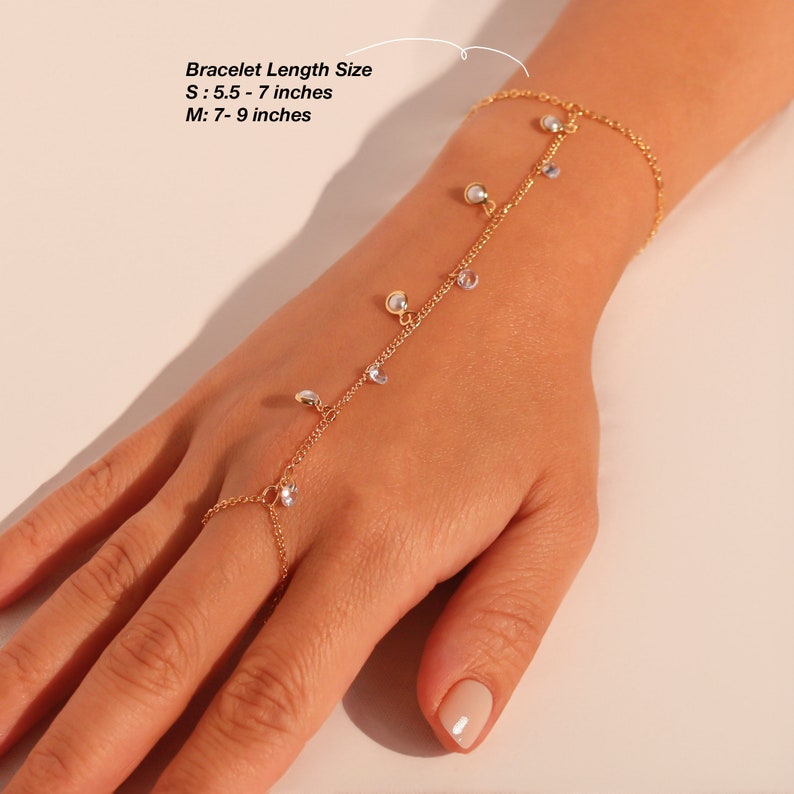Pearl and cubic Hand Chain Bracelet for Her Link Ring Bracelet slave Bracelet Finger Chain Bracelet