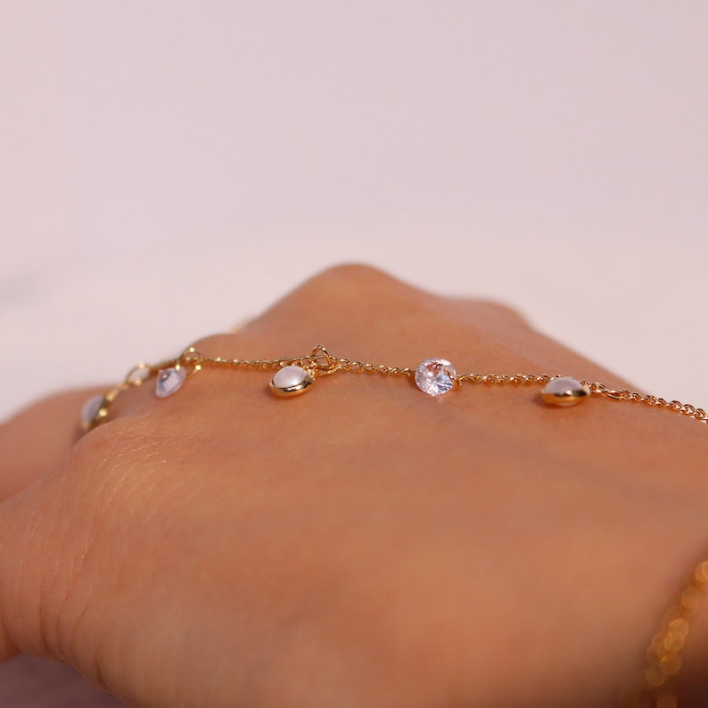 Pearl and cubic Hand Chain Bracelet for Her Link Ring Bracelet slave Bracelet Finger Chain Bracelet