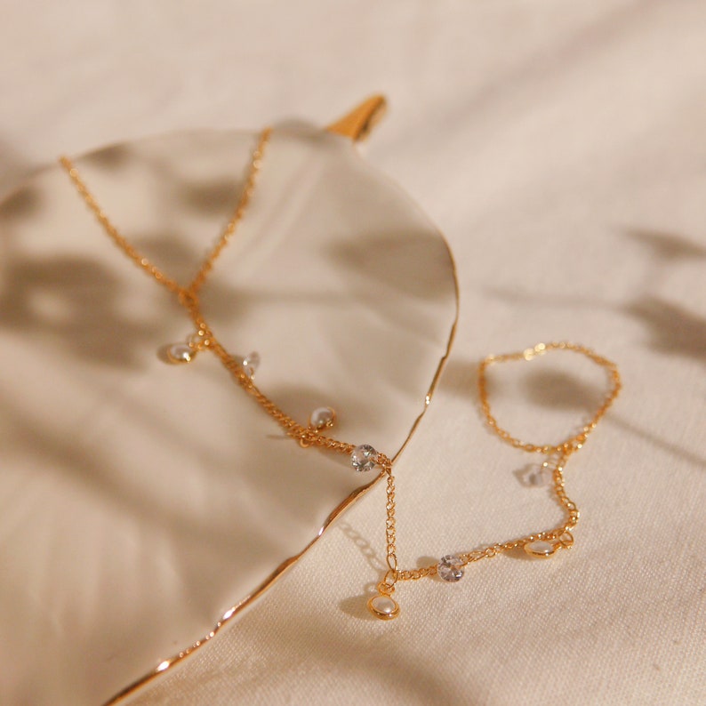 Pearl and cubic Hand Chain Bracelet for Her Link Ring Bracelet slave Bracelet Finger Chain Bracelet