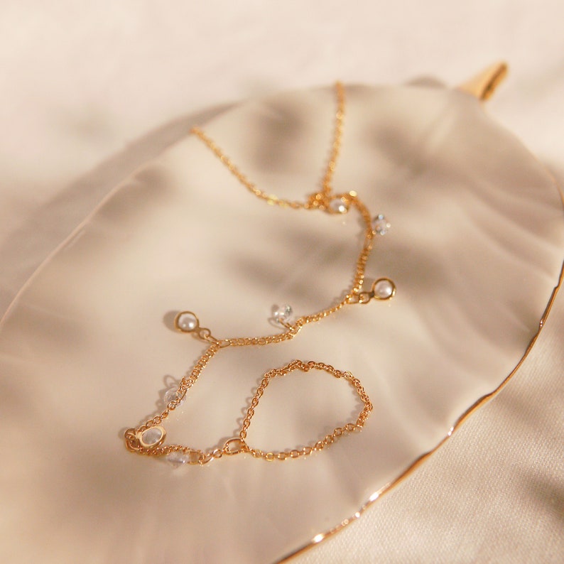 Pearl and cubic Hand Chain Bracelet for Her Link Ring Bracelet slave Bracelet Finger Chain Bracelet