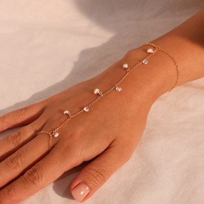 Pearl and cubic Hand Chain Bracelet for Her Link Ring Bracelet slave Bracelet Finger Chain Bracelet
