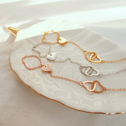 Double Heart Ring Bracelet: 16k Gold Plated Hand Chain