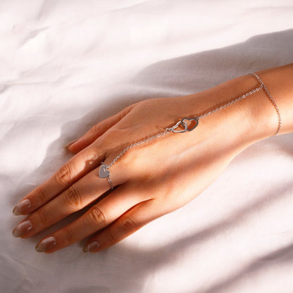 Double Heart Ring Bracelet: 16k Gold Plated Hand Chain