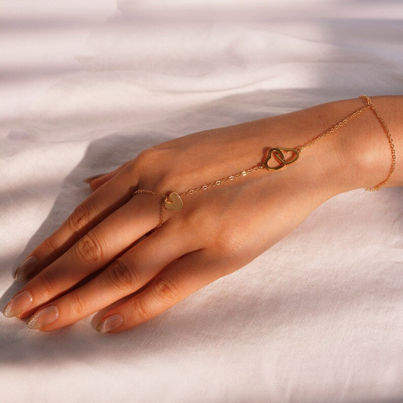 Double Heart Ring Bracelet: 16k Gold Plated Hand Chain