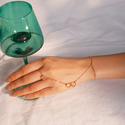 Double Heart Ring Bracelet: 16k Gold Plated Hand Chain