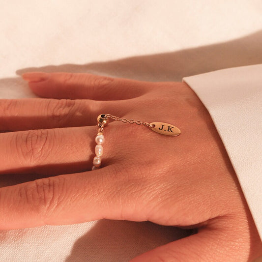 Freshwater Pearl Personalized Ring: 16K Gold Plated Adjustable Name Ring