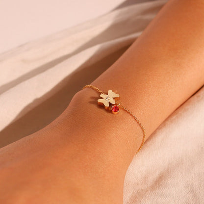 Gold Teddy Bear Birthstone Bracelet: Personalized Initial Charm