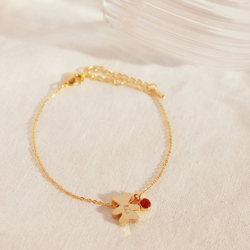 Gold Teddy Bear Birthstone Bracelet: Personalized Initial Charm