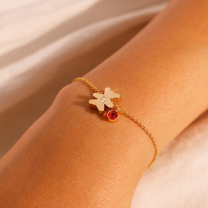 Gold Teddy Bear Birthstone Bracelet: Personalized Initial Charm