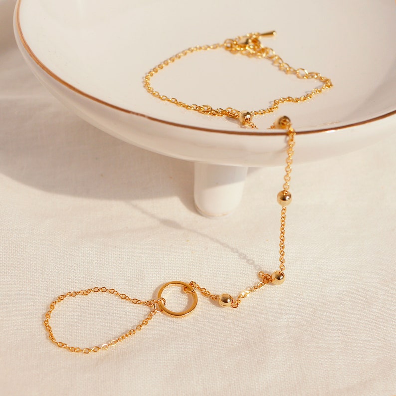 Gold Ball chain ring bracelet Her Link Ring Bracelet slave Bracelet Finger Chain Bracelet