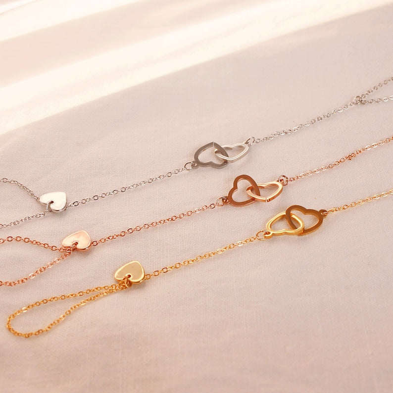Double Heart Ring Bracelet: 16k Gold Plated Hand Chain