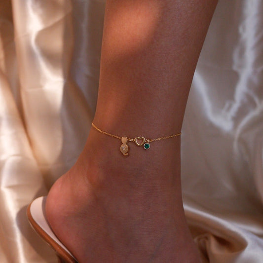 Kitty Initial Birthstone Anklet: Gold Cat Lover Gift