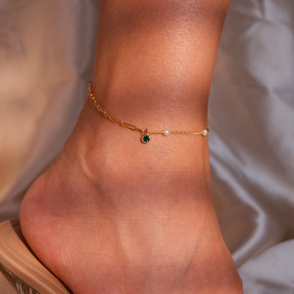 Pearl & Clip Chain Anklet: Gold Plated Brass, Birthstone Charm