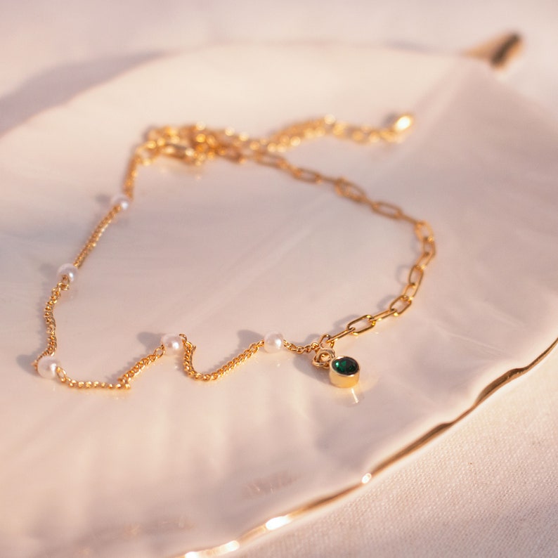 Pearl & Clip Chain Anklet: Gold Plated Brass, Birthstone Charm
