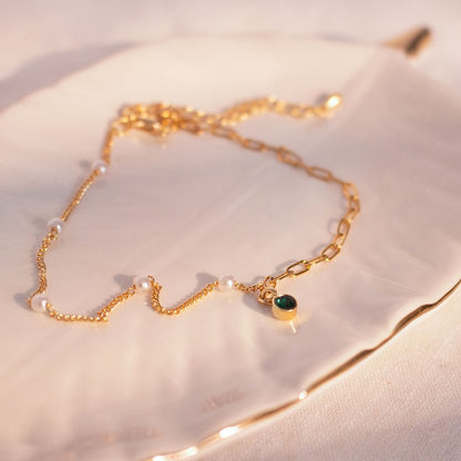 Pearl & Clip Chain Anklet: Gold Plated Brass, Birthstone Charm
