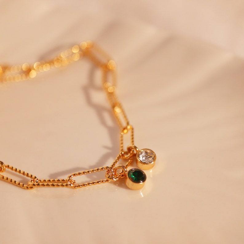 Heart Birthstone Anklet: Layered Chain, 16k Gold Plated