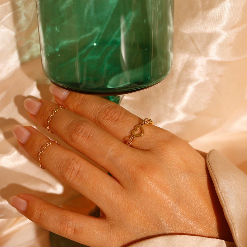 Heart Chain Ring: Dainty 16K Gold Plated Ring