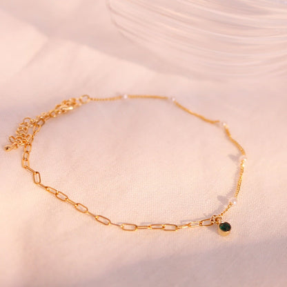 Pearl & Clip Chain Anklet: Gold Plated Brass, Birthstone Charm