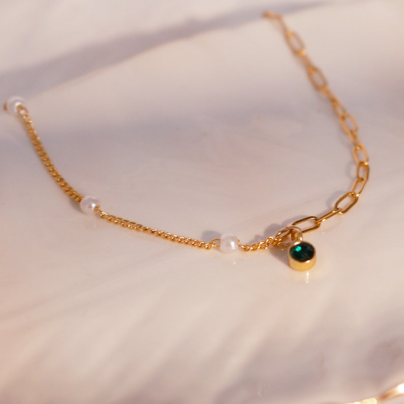 Pearl & Clip Chain Anklet: Gold Plated Brass, Birthstone Charm