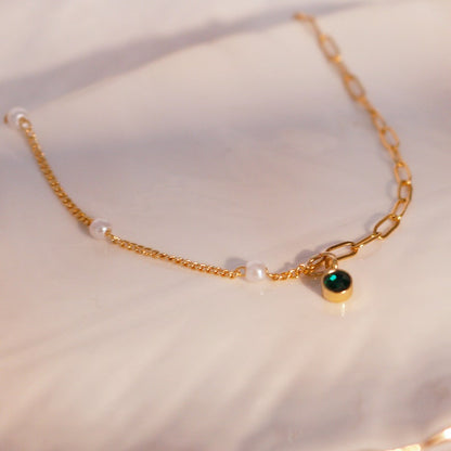 Pearl & Clip Chain Anklet: Gold Plated Brass, Birthstone Charm