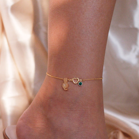 Kitty Initial Birthstone Anklet: Gold Cat Lover Gift