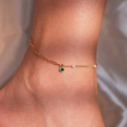 Pearl & Clip Chain Anklet: Gold Plated Brass, Birthstone Charm