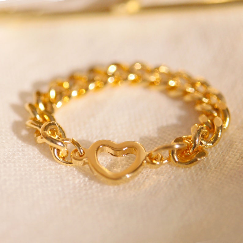 Heart Chain Ring: Dainty 16K Gold Plated Ring