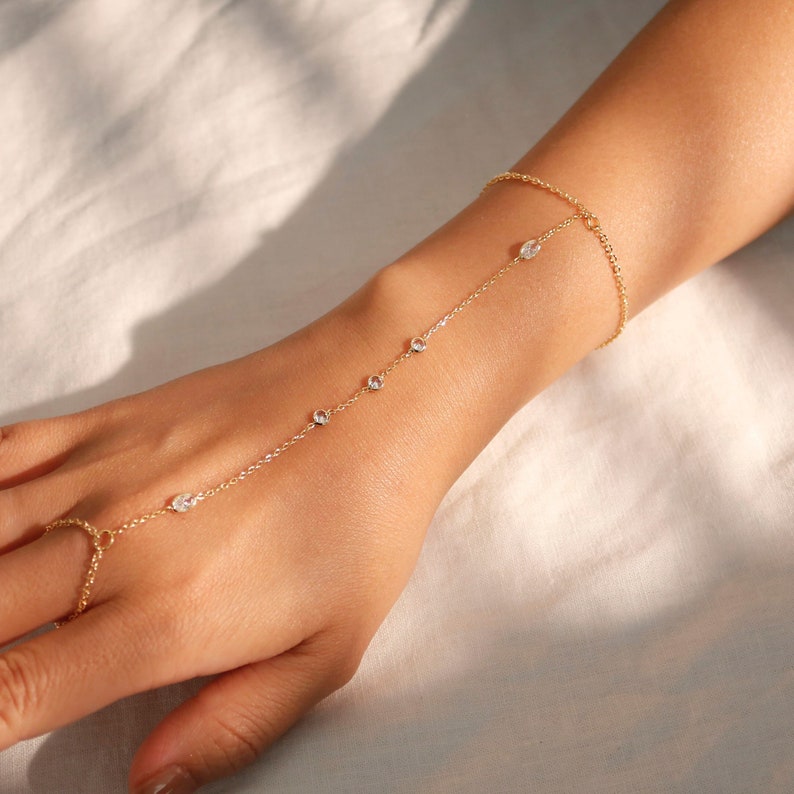 16K Gold Hand Chain Bracelet: Dainty Link Ring Bracelet