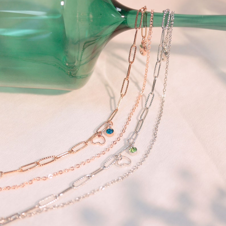 Heart Birthstone Anklet: Layered Chain, 16k Gold Plated