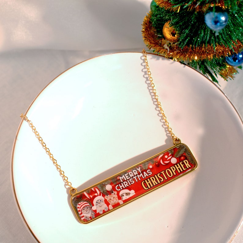 Personalized Cat Christmas Necklace: Stainless Steel Holiday Jewelry