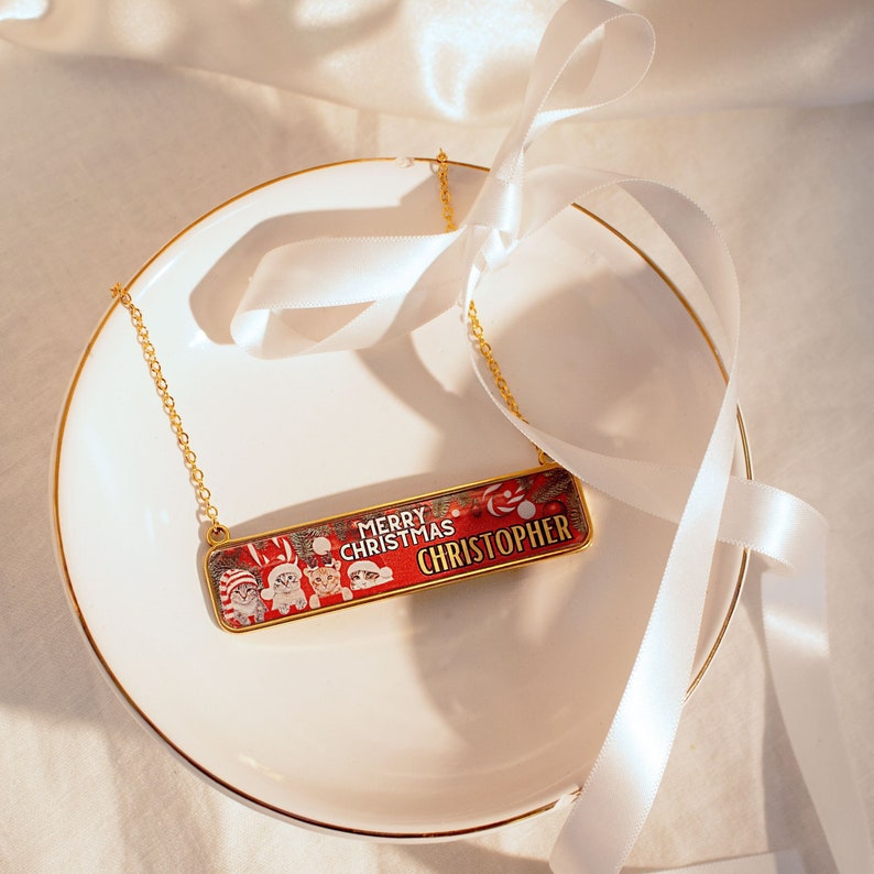 Personalized Cat Christmas Necklace: Stainless Steel Holiday Jewelry
