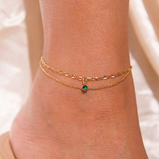 Gold Birthstone Anklet: Layered Chain Trendy Anklet