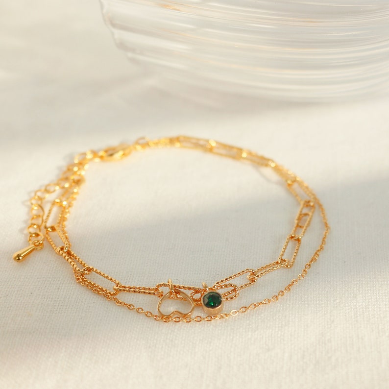 Heart Birthstone Anklet: Layered Chain, 16k Gold Plated