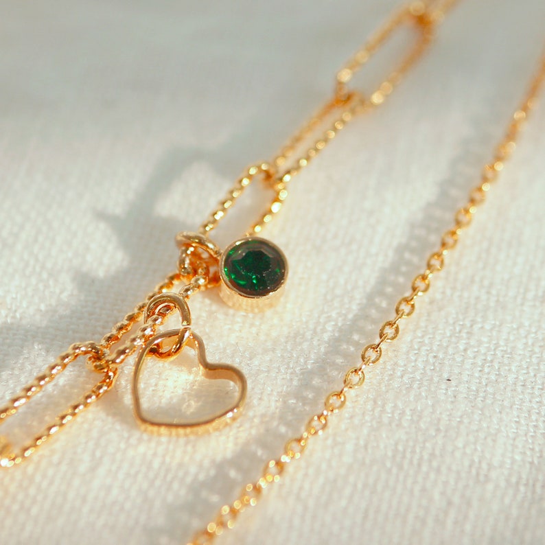 Heart Birthstone Anklet: Layered Chain, 16k Gold Plated