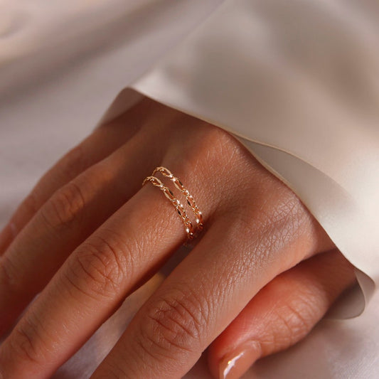 16K Gold Plated Double Chain Ring - Rose Gold - Handmade