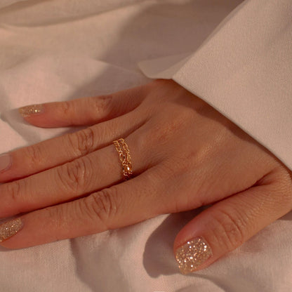 16K Gold Plated Double Chain Ring - Rose Gold - Handmade