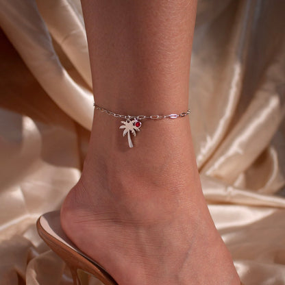 Palm Tree Birthstone Anklet: 16k Gold Plated Layered Chain