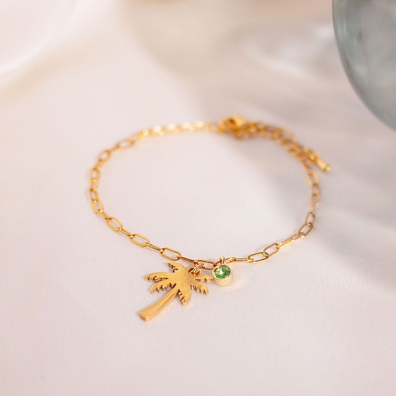 Palm Tree Birthstone Anklet: 16k Gold Plated Layered Chain
