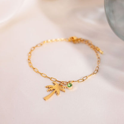 Palm Tree Birthstone Anklet: 16k Gold Plated Layered Chain