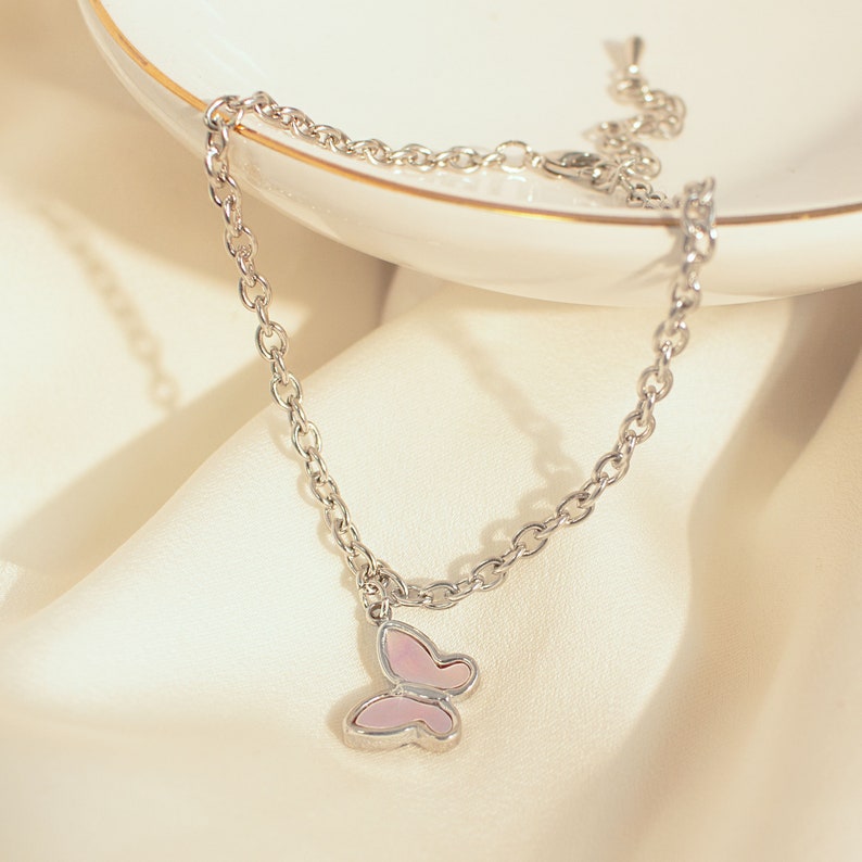 Silver Butterfly Anklet: Mother of Pearl Charm, Delicate Ankle Bracelet