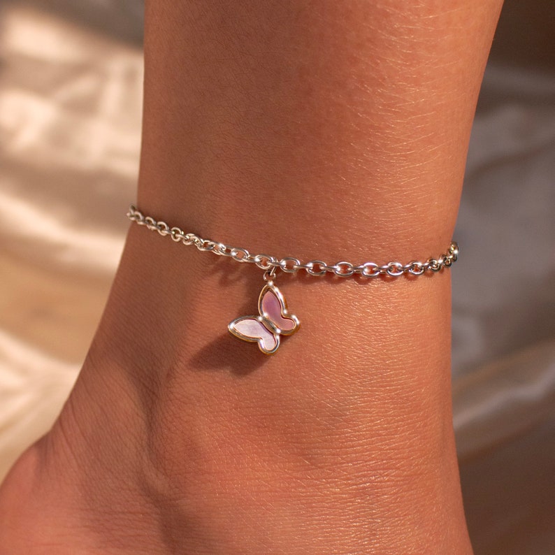 Silver Butterfly Anklet: Mother of Pearl Charm, Delicate Ankle Bracelet
