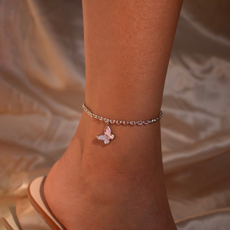 Silver Butterfly Anklet: Mother of Pearl Charm, Delicate Ankle Bracelet