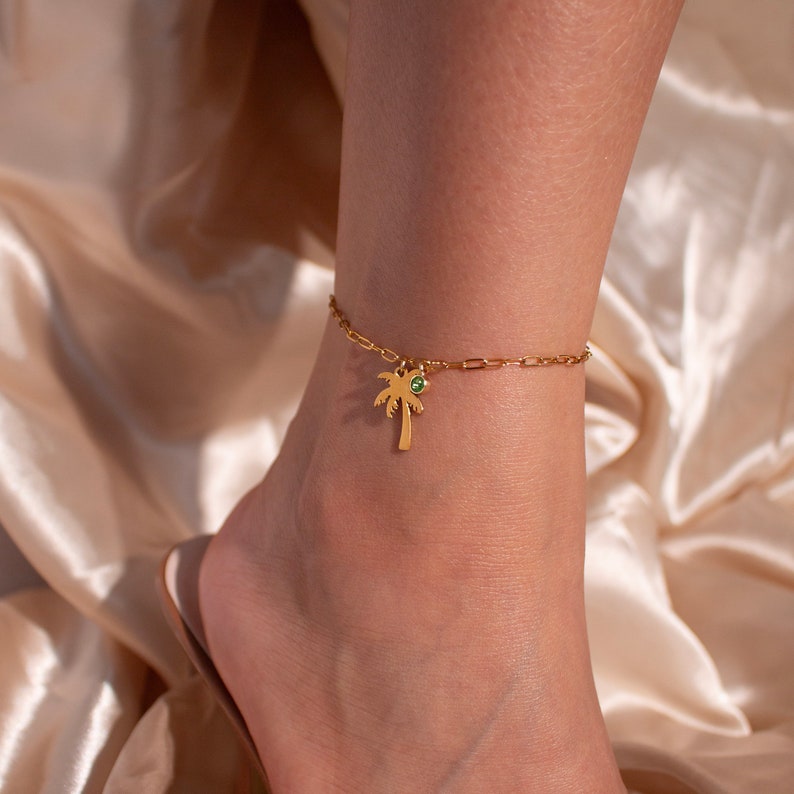 Palm Tree Birthstone Anklet: 16k Gold Plated Layered Chain