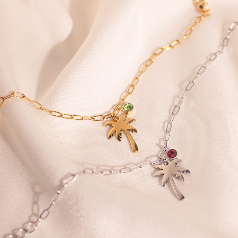 Palm Tree Birthstone Anklet: 16k Gold Plated Layered Chain
