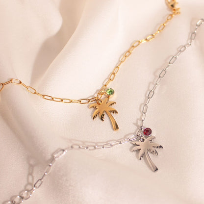 Palm Tree Birthstone Anklet: 16k Gold Plated Layered Chain