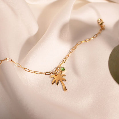 Palm Tree Birthstone Anklet: 16k Gold Plated Layered Chain